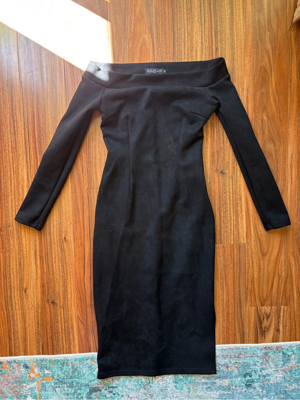Balmain Paris Black Off Shoulder Bodycon Midi Dress Size 36